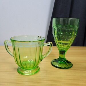 Hazel Atlas Colonial Block Green Glass Goblet Uranium Hazel Atlas Colonial Block